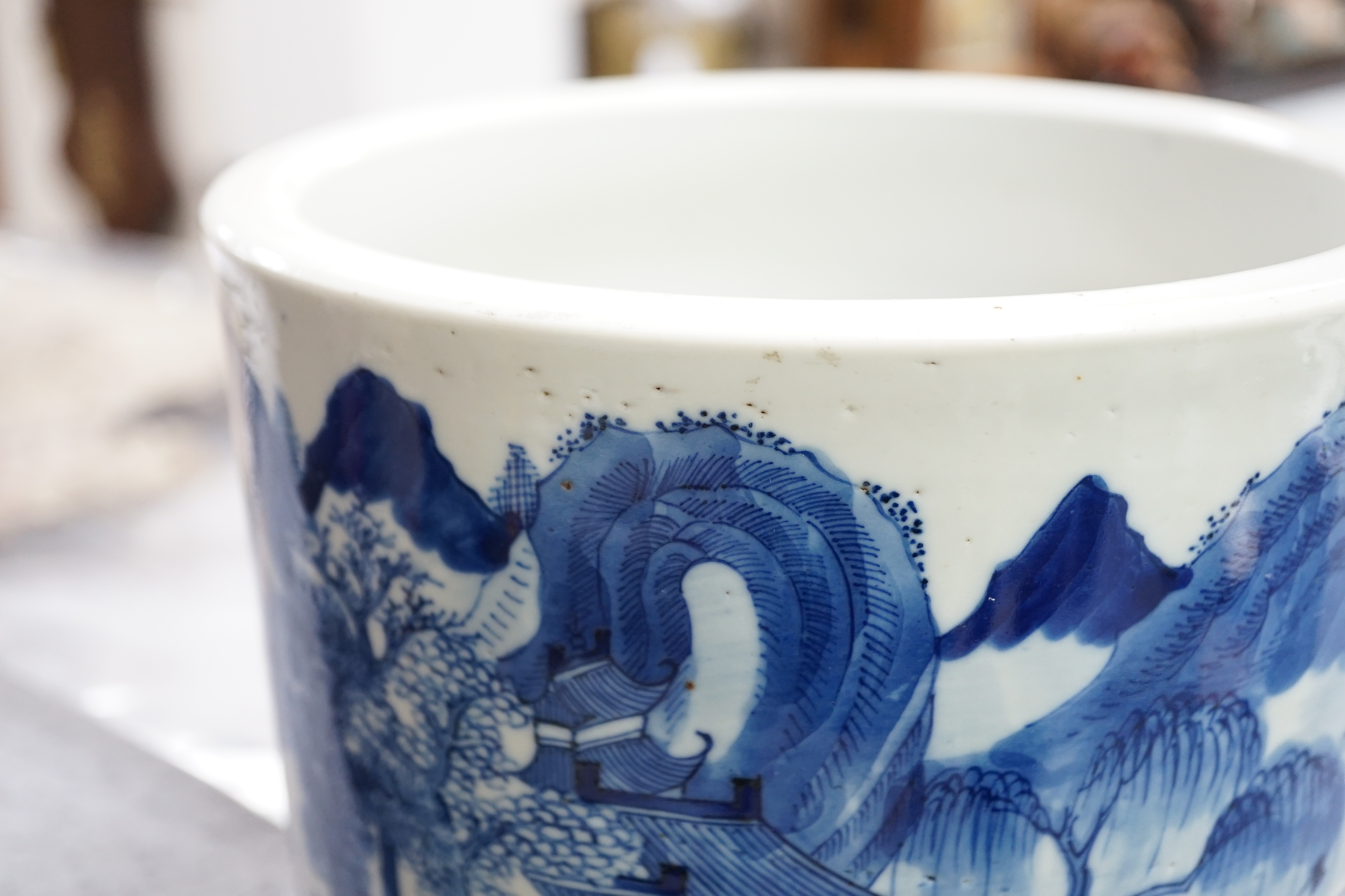 A Chinese blue and white ‘landscape’ cylindrical brushpot, bitong, 19th century